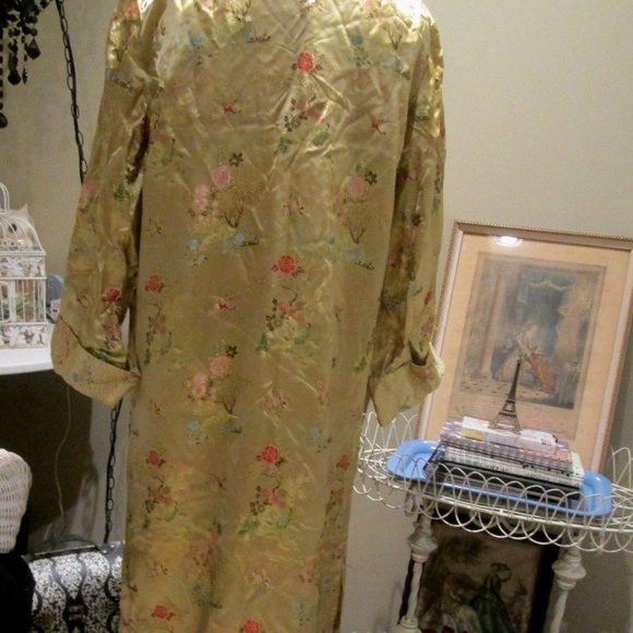 Vintage SOLZ SQUIRREL Chinese Golden Satin Brocade Dress Gown Robe Frog Buttons - Picture 6 of 10